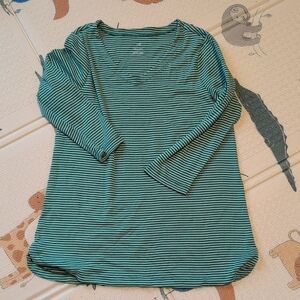 J. Jill Teal Green Striped 3/4 Length V-Neck Tee